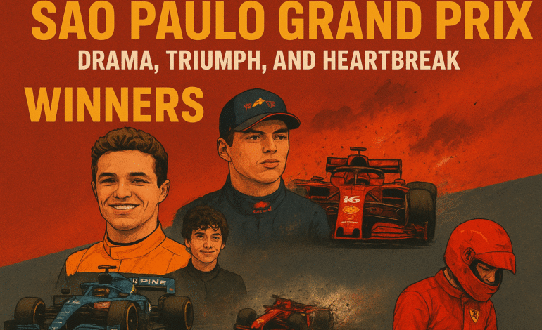 Digital poster of the Sao Paulo Grand Prix showing F1 winners Lando Norris, Max Verstappen, and Ferrari’s crash drama