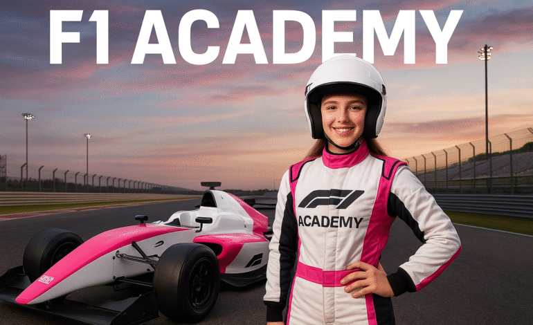 Young female F1 Academy driver smiling beside a pink and white Formula 4 race car on a professional racetrack at sunset, representing women’s development in motorsport