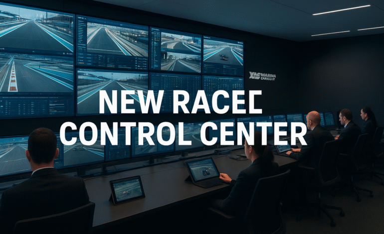 Yas Marina Circuit Abu Dhabi new high-tech F1 race control room with operators monitoring 55-camera feeds on large screens, showcasing advanced tracking systems and modern theater-style design