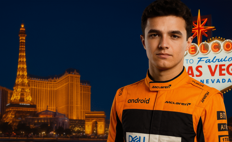 Lando Norris in his McLaren Formula 1 race suit standing against the illuminated Las Vegas Strip skyline, creating a dramatic cover image for an article about the 2025 F1 championship battle