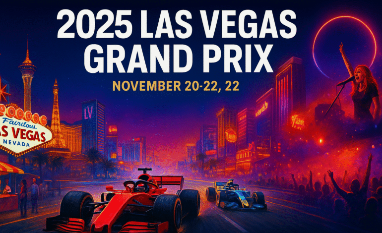 2025 Las Vegas Grand Prix cover image featuring Formula 1 cars racing down the Las Vegas Strip at night with neon lights, famous landmarks, and vibrant concert energy