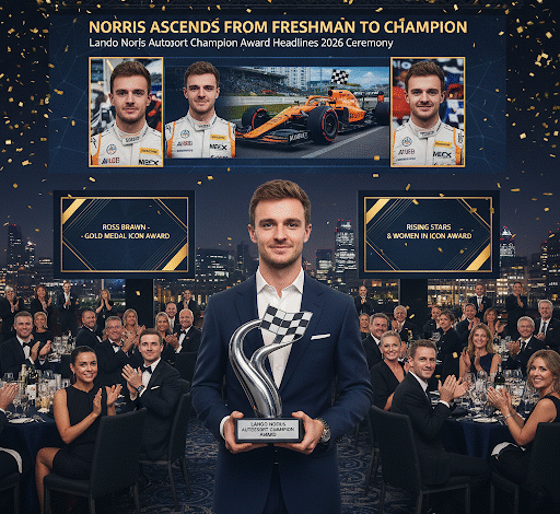 A racing champion holds a trophy at an awards ceremony.