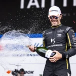 Jean Eric Vergne during his 150th Formula E race, showcasing the double champion driver in action on track.