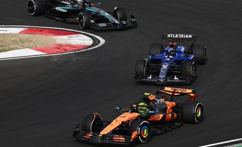 McLaren, Alpine, and Williams Formula 1 cars powered by Mercedes engines racing on track during a Grand Prix weekend.
