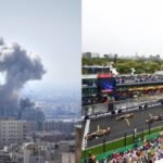 Formula 1 cars on track at Bahrain International Circuit during pre-season testing session.