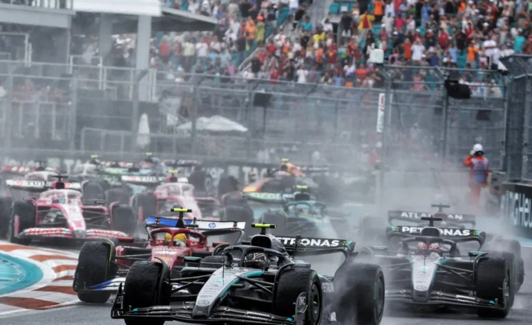 Formula 1 cars race through Miami Grand Prix circuit as the new championship phase begins with high-speed action.