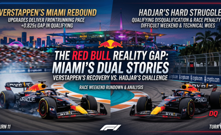 A split-screen graphic for the F1 Miami Grand Prix showing two Oracle Red Bull Racing cars. On the left, Max Verstappen drives on track with the text 'Verstappen’s Miami Rebound.' On the right, Isack Hadjar’s car is marked 'DQ' with the text 'Hadjar’s Hard Struggle.' The central headline reads 'The Red Bull Reality Gap: Miami's Dual Stories.'