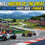 A high-quality landscape photo of the Austrian Grand Prix (F1) track with mountains in the background, a Mercedes car leading, a Red Bull car second, and a Ferrari car third.