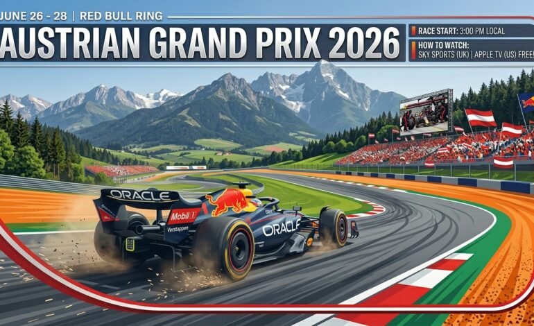 An illustrated landscape banner for the Austrian Grand Prix 2026 featuring a Red Bull Formula 1 car speeding around a turn at the Red Bull Ring, with the Austrian Alps in the background and a schedule overlay showing race times and broadcast details.